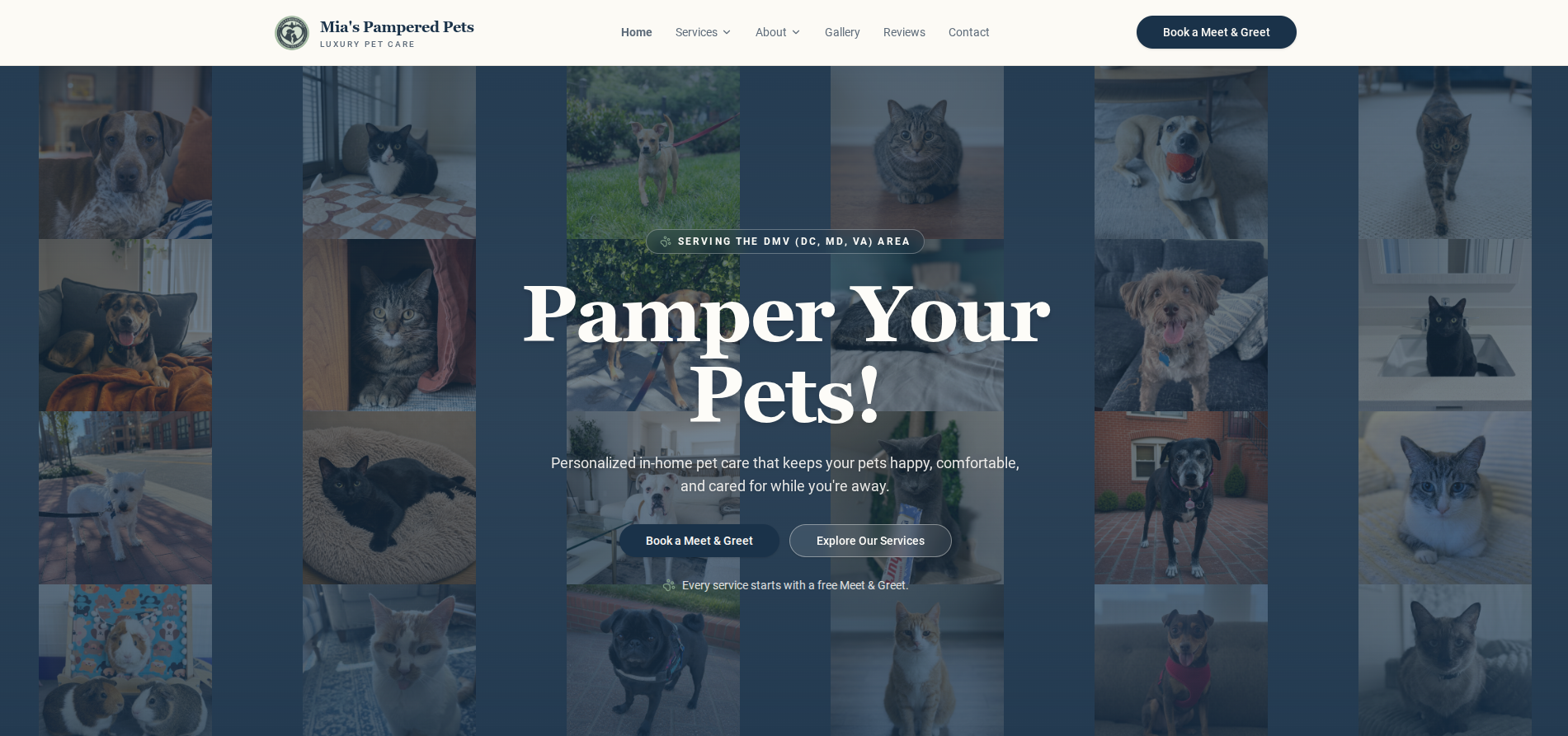 Mia's Pampered Pets website homepage